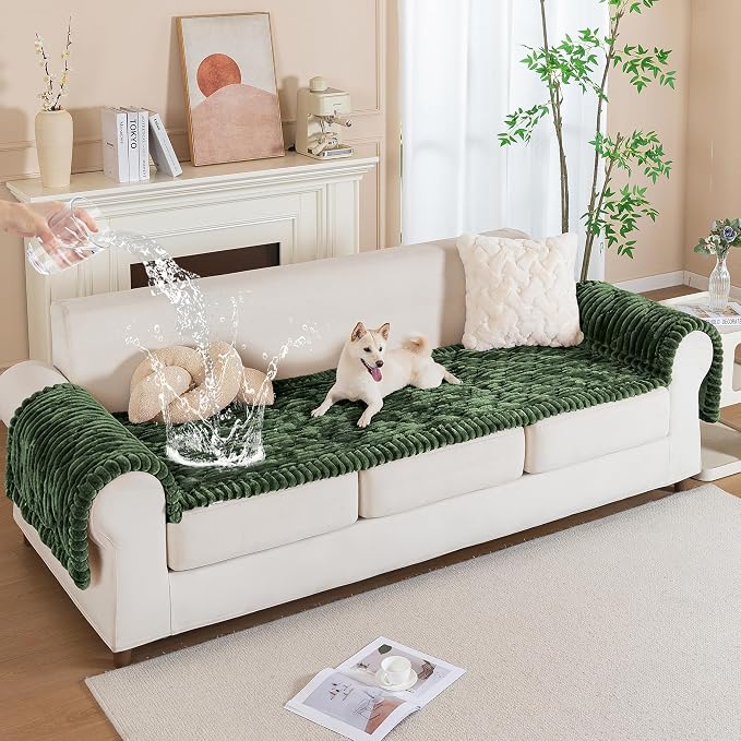 PuTian 100% Waterproof Fuzzy Couch Cover for Dogs Green 27.6"x27.6" | Pet Friendly Dog Mat for Couch, Waterproof Sofa Protector, Scratch Resistant Furniture Cover for Dogs, Machine Washable
