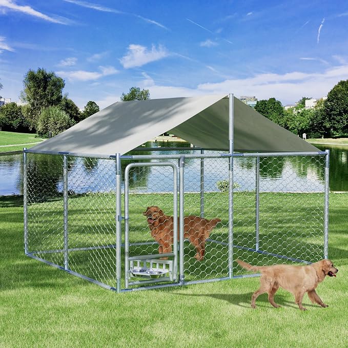 7.5×7.5×5.3 FT Outdoor Dog Kennel Enclosure w/Roof, Rotating Feeder | Large Heavy Duty Dog Run Playpen with 2 Stainless Bowls, Galvanized Pet House with Secure Lock, Waterproof Cover