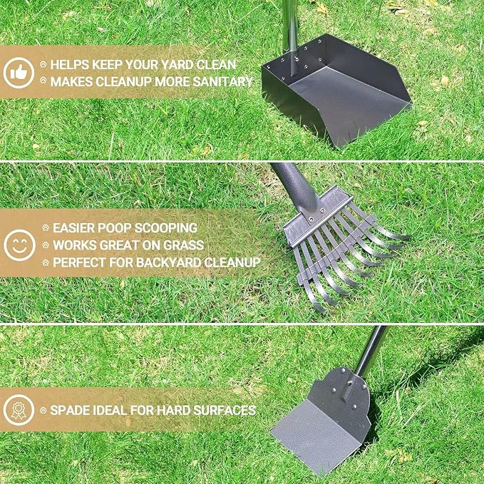 Dog Pooper Scooper Long Handle Adjustable, No Bending (Black) | Heavy Duty Stainless Steel Rake with Tray and Spade Set, Anti Stick, Easy Cleaning, for Grass, Dirt or Gravel
