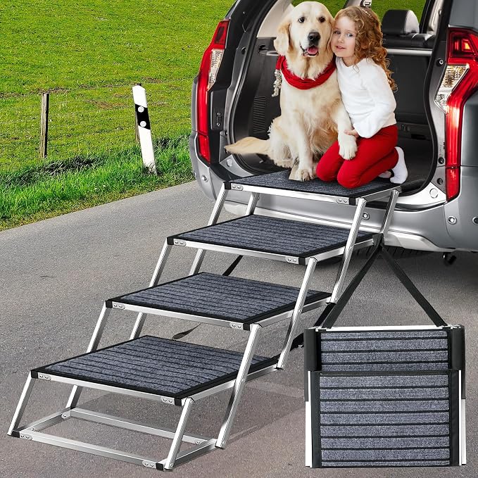 Joyrally 4-Step Dog Stairs for Car, Large Dogs, Non-Slip Surface | 20 in extra-wide aluminum frame, non-slip surface and foldable design for SUV and truck trunks, for senior and injured dogs