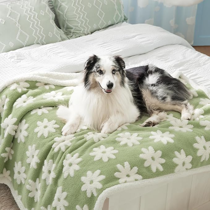 LE SURE Waterproof Dog Blankets for Large Dogs Cute Cozy 3D Jacquard,50x60 | Warm Soft Pet Blanket for Senior Dogs Aesthetic Gift, Washable Sherpa Throw, Reversible Couch Protector, Flower Garden Green