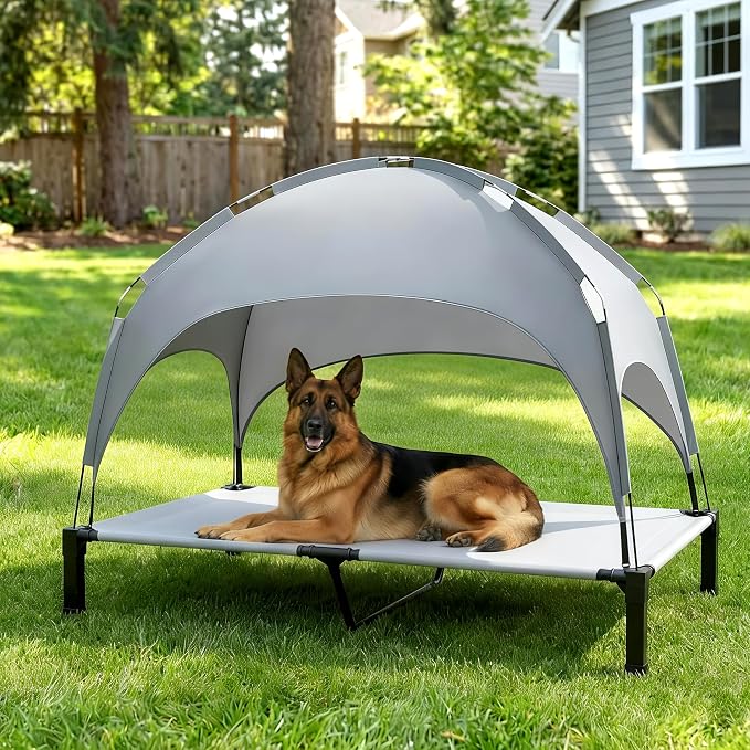 Elevated Dog Bed with Removable Canopy, Sun Protection Shade Tent Dog Cot | Portable Outdoor Dog Bed, Raised Pet Cooling Cot Bed for Dogs, 60in