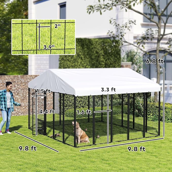 PawHut 10' x 10' x 6' Outdoor Dog Kennel with 360° Rotating Bowls, Sliver | Welded Wire Dog Kennel Outside Run, Waterproof & UV Resistant Cover, for S&M&L Breeds, Chickens & Ducks