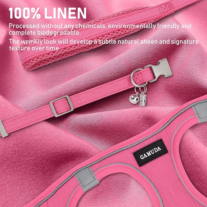 GAMUDA Small Pet Harness Collar and Leash Set, Step in No Chock No Pull Linen Fabric Soft Mesh Dog Vest Harnesses Reflective for Dogs Puppy Cats Kitten Rabbit (Pink, L)