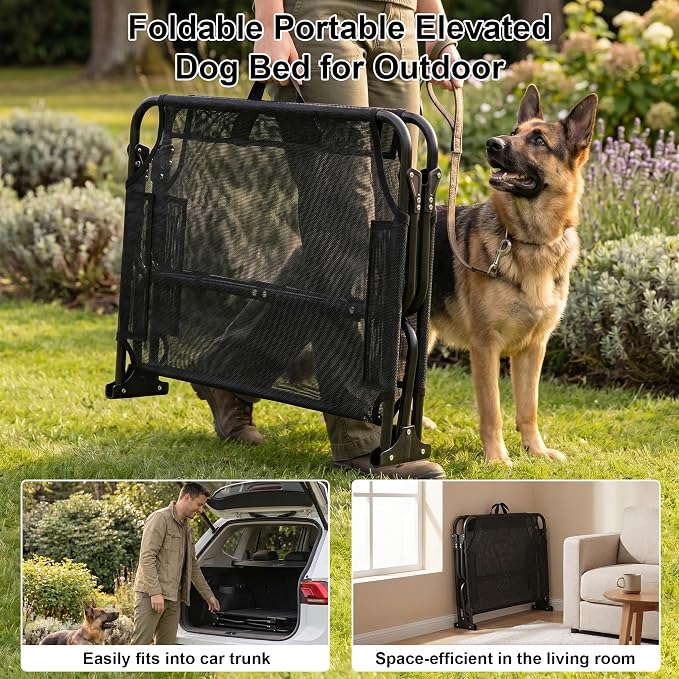 Foldable Elevated Large Dog Cot Bed with Detachable Soft Mat | For Indoor & Outdoor, Raised Orthopedic Pet Bed, Load Over 150 LBS, Carry Handle, Heavy Duty Frame, Non-slip Foot Pads