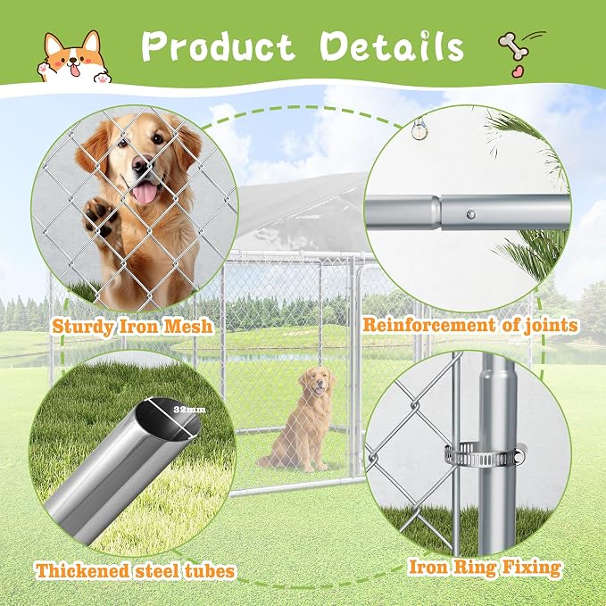 Grepatio 10x10 FT Outdoor Dog Kennel with Roof, Outside Dog Enclosure with 2 Rotating Feeder Bowls, Dog Kennel Dog Playpen Fence for Large Dogs with Secure Lock (10x10 FT)