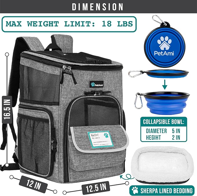 PetAmi Dog Backpack Carrier, Airline Approved 4-Way Entry Cat Backpack Carrier, Ventilated Mesh, Collapsible Pet Carrier for Small Puppy, Kitten, Hiking, Travel Car, Vet, up to 18 lbs, Heather Gray