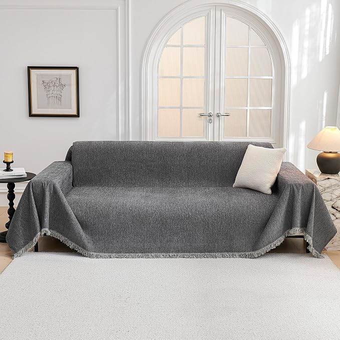 MYSKY HOME Couch Cover for Dogs Washable, Couch Covers Couch Covers for Dogs Couch Cover 2 Cushion Sofa Non Slip Dog Furniture Protector with Tassels Chenille Sofa Covers for Pets, 71"x102", Dark Grey