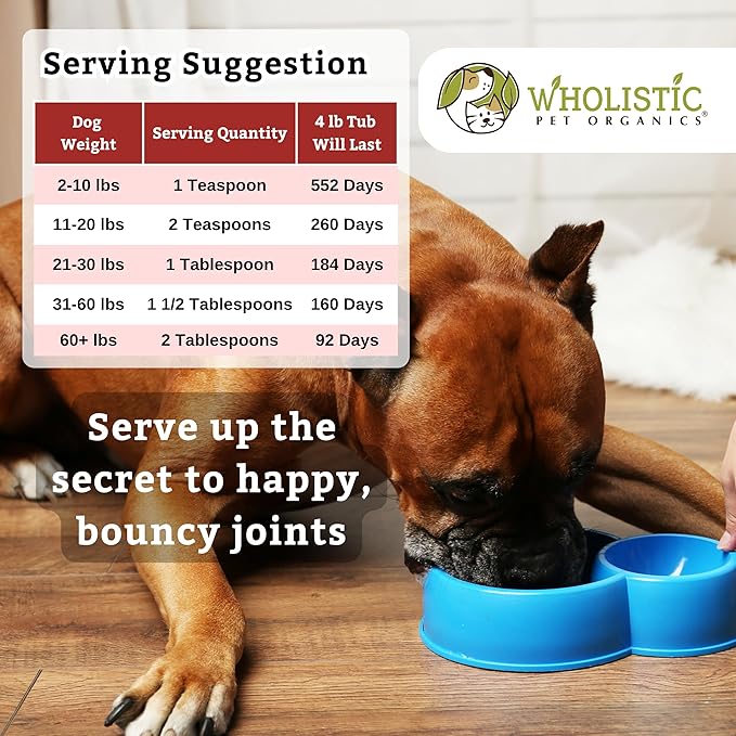 Wholistic Pet Organics - Hip and Joint Supplement for Dogs & Cats - Cat and Dog Joint Supplement - Green Lipped Mussels, Glucosamine, Chondroitin for Dogs & Cat Mobility Support - 4 Lb - 181 Scoops