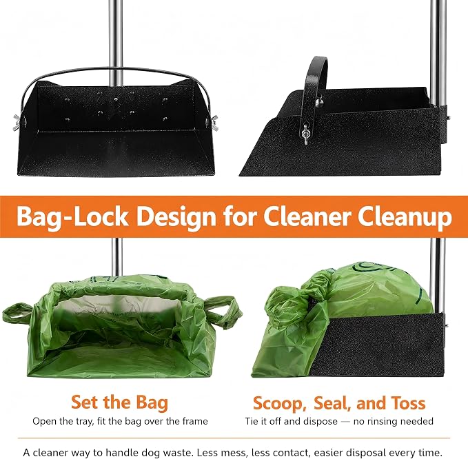 Toozey Extra Large Pooper Scooper for Large Dogs, 43.31" Long Handle | Sturdy Metal Tray & Rake | Cleaner Bag-Supported Pickup | Less Mess in Multi-Dog Yards | Fits Standard 13-Gallon Trash Bags