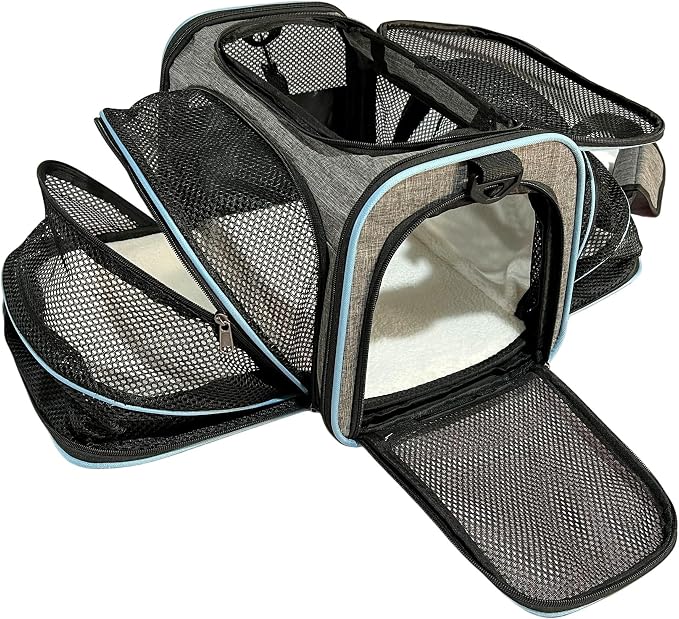 Expandable Cat Carrier Pet Carrier with 2 Extensions,Airline Approved Soft-Sided Portable Dog Travel Washable Carrier for Kittens,Puppies,Removable Soft Plush Mat (Grey Blue, Medium)