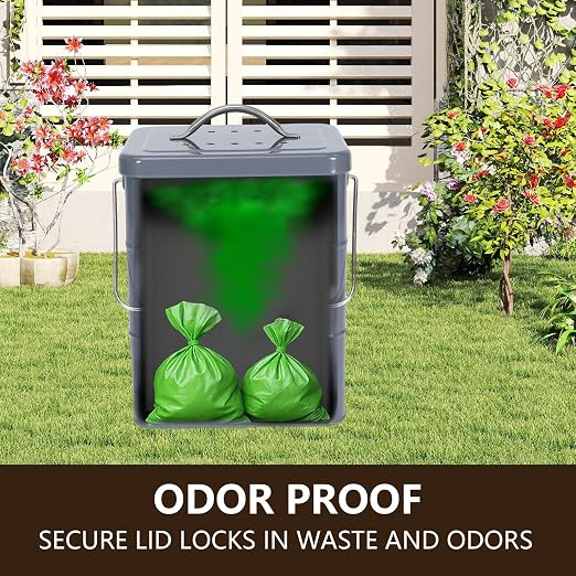 Small Dog Poop Trash Can Outside,1.5Gal/6L Metal Dog Waste Trash Can with Lid/Filter/Handle,Pet Waste Container Bucket with 75 Trash Bags-Gray