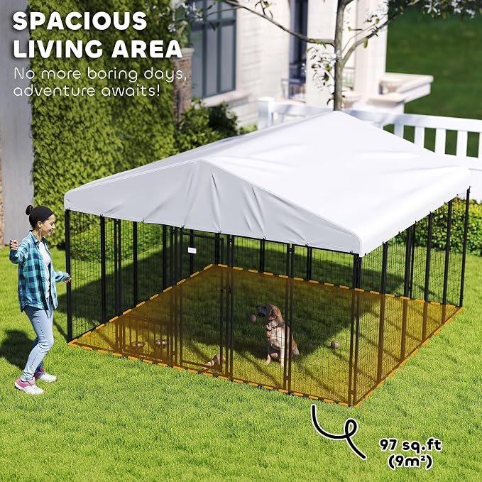 PawHut 10' x 10' x 6' Outdoor Dog Kennel with 360° Rotating Bowls, Sliver | Welded Wire Dog Kennel Outside Run, Waterproof & UV Resistant Cover, for S&M&L Breeds, Chickens & Ducks