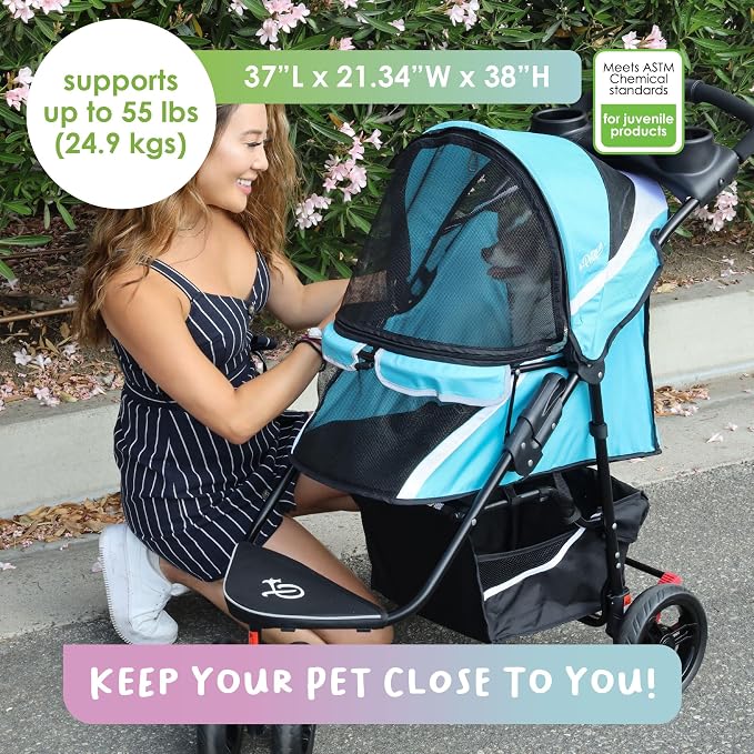 Petique Revolutionary Durable Pet Stroller, Easy Fold, Quality mesh Windows, Large Storage Basket, Secure Cup Holder Tray, Small/Medium Dogs, Cats and Pets, Supports up to 55LBS - Venus (Teal)