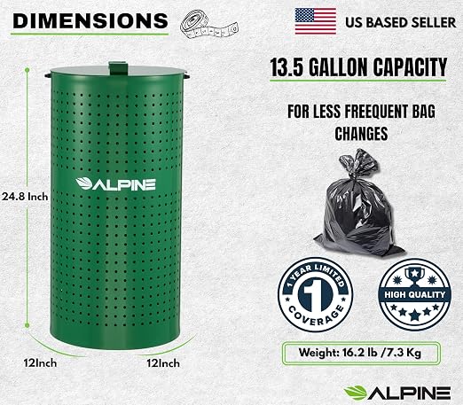 Alpine Dog Waste Station Outdoor 13.5 Gallon Commercial Pet Poop Trash Can | Weather Resistant Steel, Floor, Wall or Pole Mounted, for Dog Parks, HOA, Public Areas & Trails, Green