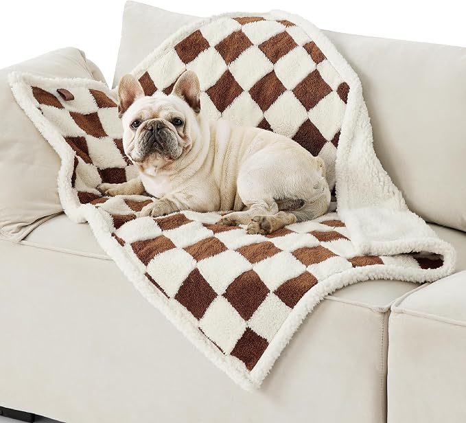 LE SURE Waterproof Dog Blankets for Medium Dogs Cute 3D Jacquard,30x40 | Puppy Blanket for Cat Aesthetic Gift, Warm Soft Sherpa Throw Washable, Reversible Pet Couch Protector, Brown Checks