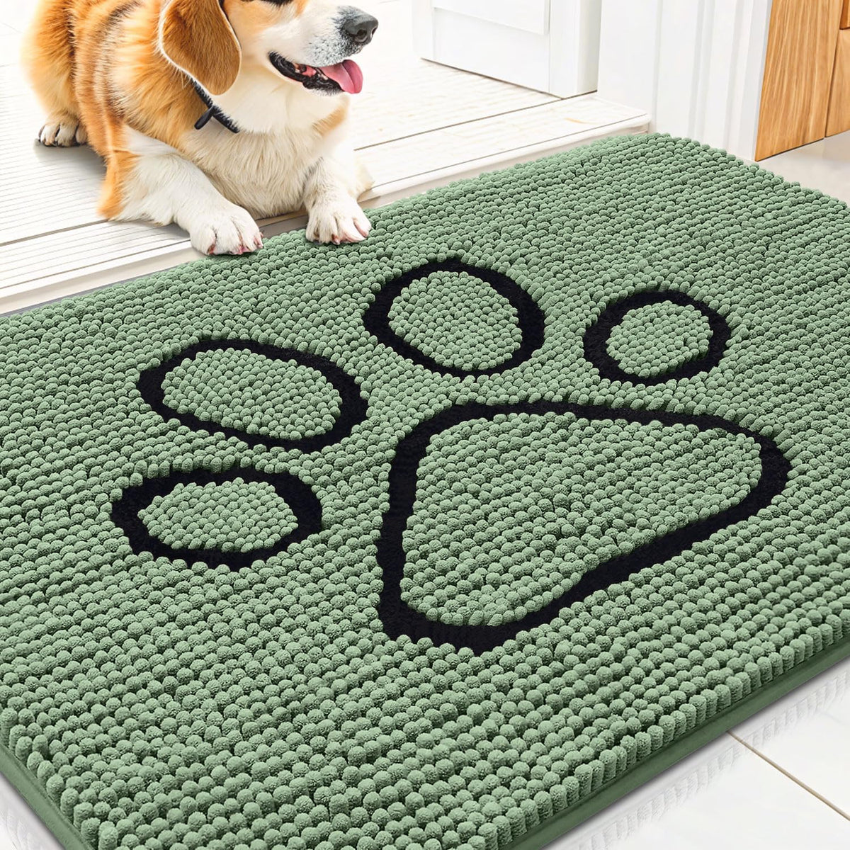 Smiry Dog Door Mat for Muddy Paws, Absorbent Dirt Trapper Non Slip Quick Dry Washable Chenille Mat for Mud Dogs, Entry Rug for Indoor and Outdoor (30x20 Inches, Olive Green and Black)