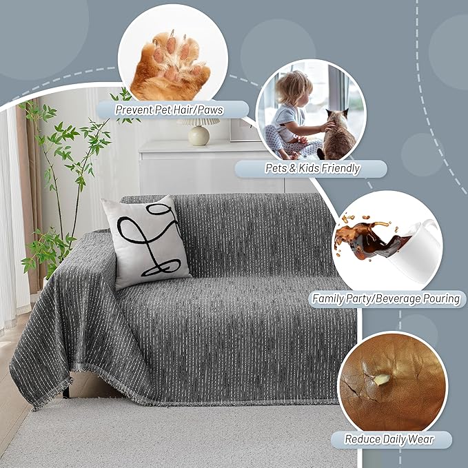 MYSKY HOME Couch Covers for Sofa, Dog Couch Cover Protector, Dark Grey Lines Sofa Covers for Sectional L Shape, Pets Couch Throw Cover Washable Durable Large Couch Cover for Dogs, Cats, 91"X134"