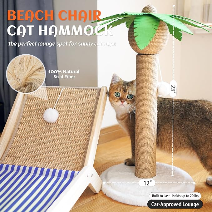 PETKARAY Cat Hammock with Coconut Palm Tree Scratching Post, Cozy Beach Chair Elevated Cat Beds, Original Lounger for Indoor Cats