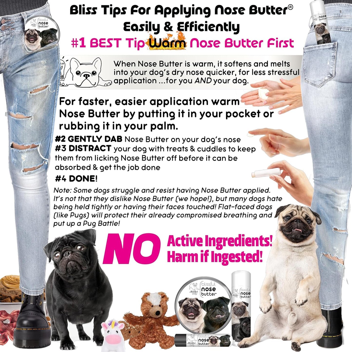 The Blissful Dog Pug Duo Nose Butter for Dry, Cracked Skin, Lick-Safe Dog Nose Balm with Moisturizing Shea Butter, Almond, Olive, and Essential Oils, Pet Supplies, Uncented, 8 oz.