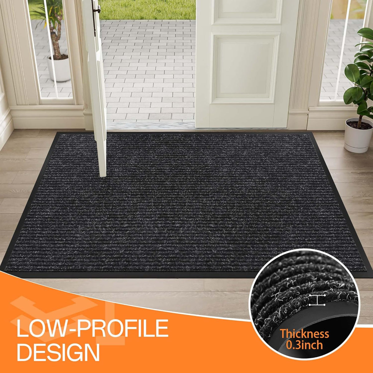 Indoor Outdoor Door Mat, 6' x 2' Doormat for Entryway, Rubber Backing Non Slip Front Door Mat Outside Entrance, Super Absorbent Commercial Floor Mat for Home Office, Black