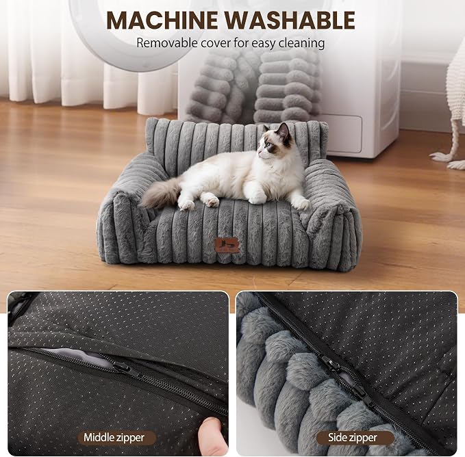 Cat Couch for Pets, Cute Cat Bed with Cozy Soft Faux Rabbit Fur for Kitten, Fuzzy Cats Sofa for Indoor Cats, Supportive Pet Sofa with Removable Washable Cover, Light Gray, 24"