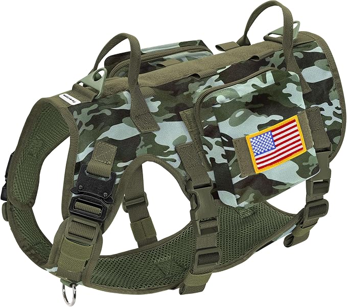 Forestpaw Tactical Dog Harness Pouches and Patches Set,L,Camo Green | Adjustable Fits 27-40" Chest,70-140 lbs,No Pull Military Style Service Dog Vest for Daily Walking Training,Medium Large Dogs
