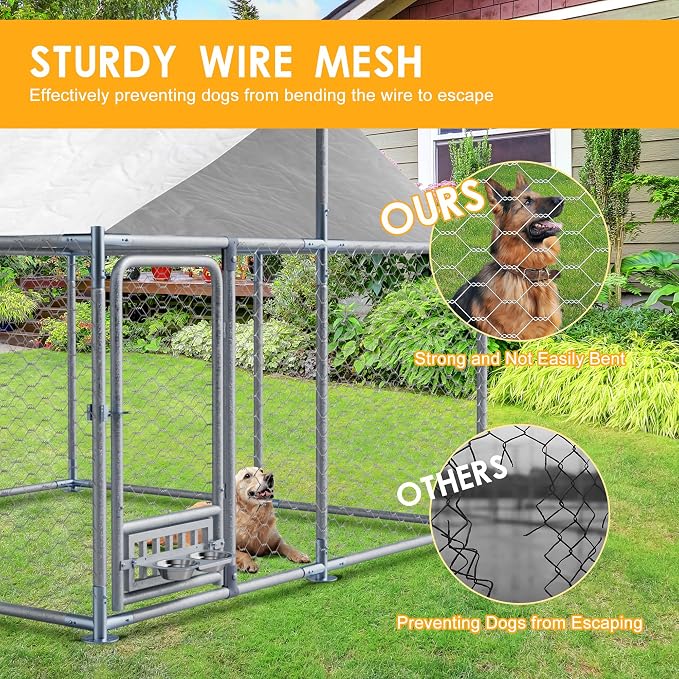 7.5×7.5×5.3 FT Outdoor Dog Kennel Enclosure w/Roof, Rotating Feeder | Large Heavy Duty Dog Run Playpen with 2 Stainless Bowls, Galvanized Pet House with Secure Lock, Waterproof Cover