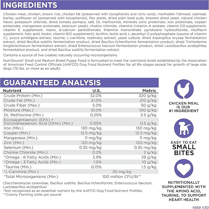 NutriSource Puppy Food, Made with Chicken Meal and Rice, Small Breed, with Wholesome Grains, 30LB, Dry Dog Food