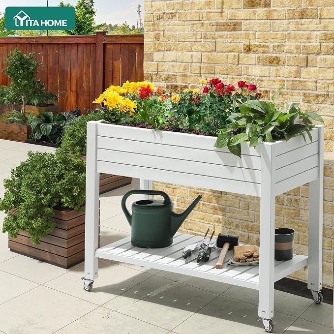 YITAHOME Raised Garden Bed with Wheels 43.3x17.7x34 in Raised Planter Box with Legs, Drain Plug and Storage Shelf, Elevated Planter Box for Plants Vegetables Flowers Herbs, White