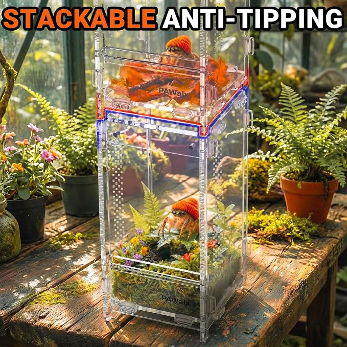 Jumping Spider Enclosure, Acrylic Terrarium with with Magnetic Doors, 0.8mm Micro-Ventilation, Stackable Escape-Proof Habitat for Jumping Spiders, Tarantulas & Small Reptiles, 3”x3”x6”