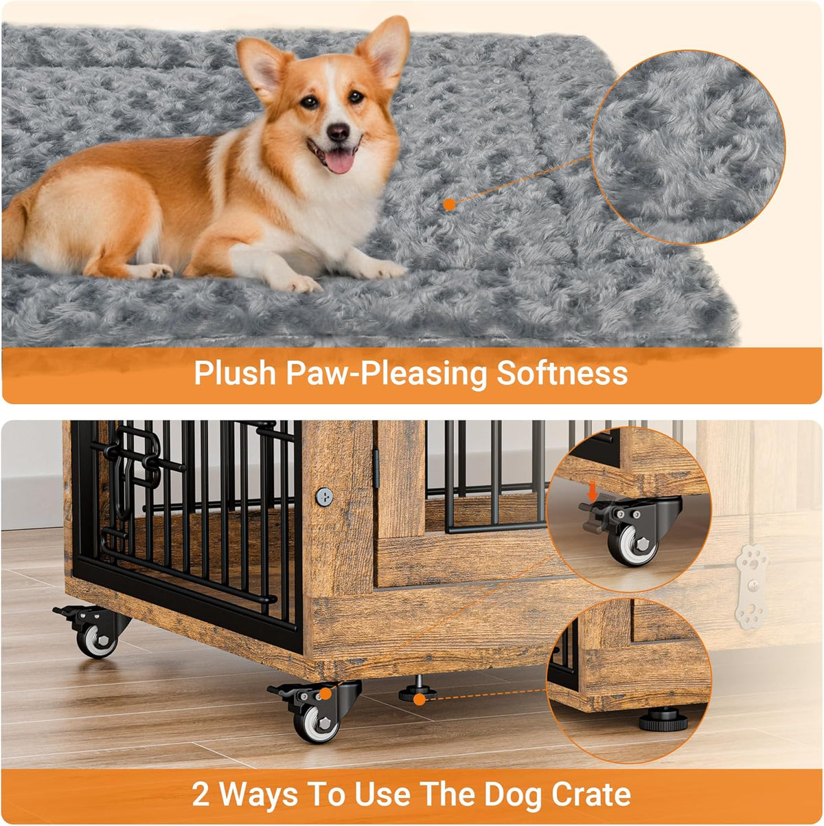 Lulive Dog Crate Furniture, Dog Kennel Indoor Double Doors Wooden Dog Cage, 32'' Heavy Duty Dog Crate with Cushion & Wheels, Decorative End Table Pet House Chew-Resistant for Medium/Small, Brown
