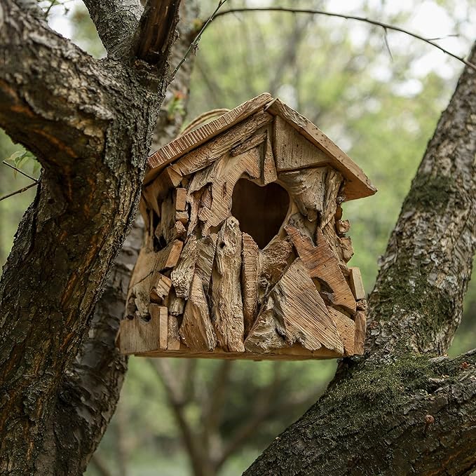 Wood Bird House Squirrel House with 2.36" Heart-Shaped Entry & Hanging Rope, Artistic Cottage-Style Outdoor Bird Feeder Garden Decoration
