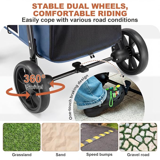 Medium Dog Stroller, Dual Entry One-Touch Folding,Small and Medium Pet Stroller,360° Rotating Front Wheels,70 lbs Weight Capacity for Outdoor Travel and Elderly Dogs - Blue
