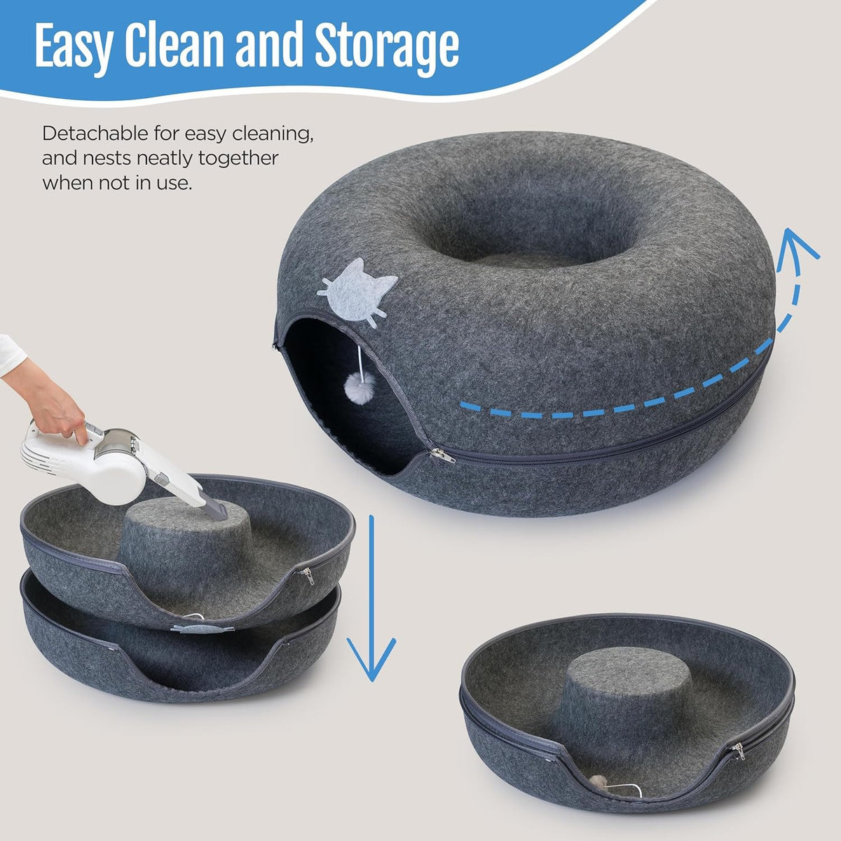 Meow Mansion Large Cat Cave Donut - Cat Tunnel; up to 30lbs - 3 Toy Balls & Hanging Ball Included - Scratch Resistant, Detachable and Cleanable Cat Donut Bed