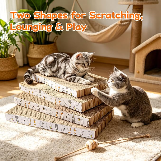 PatiencET Cat Scratcher Cardboard Pads for Indoor Cats, 4-Pack Mixed Flat and Wavy, Catnip Included