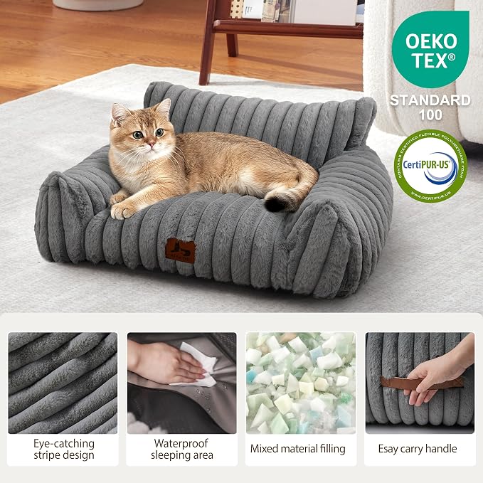 Cat Couch for Pets, Cute Cat Bed with Cozy Soft Faux Rabbit Fur for Kitten, Fuzzy Cats Sofa for Indoor Cats, Supportive Pet Sofa with Removable Washable Cover, Light Gray, 24"
