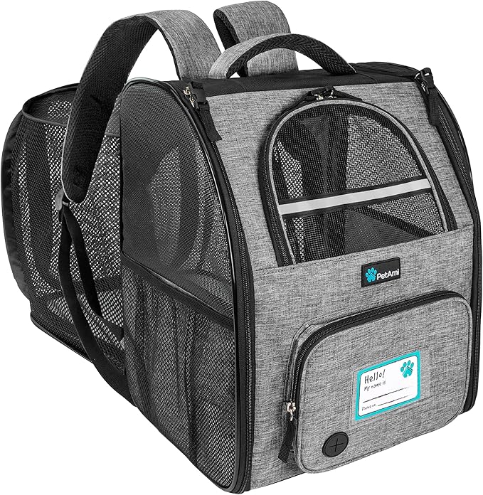 PetAmi Expandable Dog Backpack Carrier for Cats & Pets, Breathable Cat Carrier Backpack with Top Window & Multi-Entry, Ventilated Foldable Travel Carrier for Small Medium Pets up to 18 lbs, Light Gray