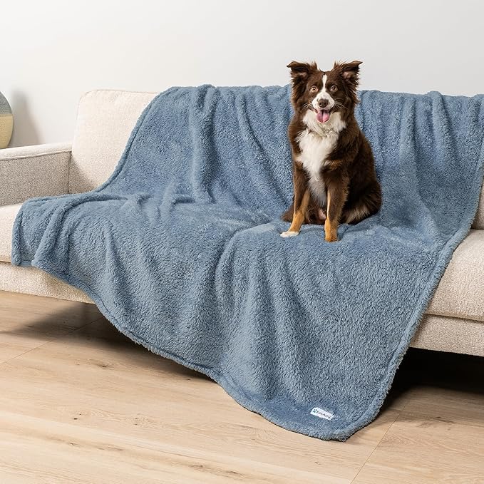 PetAmi Fluffy Waterproof Dog Blanket for Bed Large Dogs, Soft Warm Pet Sherpa Throw Pee Proof Couch Cover, Reversible Cat Blanket Sofa Crate Kennel Protector, Washable Mat Queen (Dusty Blue, 90x90)
