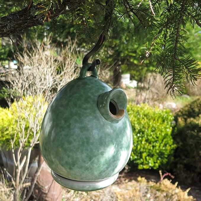 Byer of Maine Egg Bird Home for Small Songbirds, Meadow Green, High Fired Porcelain Stoneware, Ceramic Bird House, Glaze Finish, with Forged Steel Hook