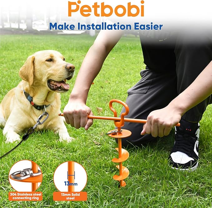 Petbobi Heavy Duty Dog Tie Out Cable and Stake - 20FT Steel Wire Dog Leads for Large Dogs Up to 300lbs, Anti Rust Spiral Stake with Strong Leash & 360° Swivel Hooks - Ideal for Yard, Outdoor & Camping