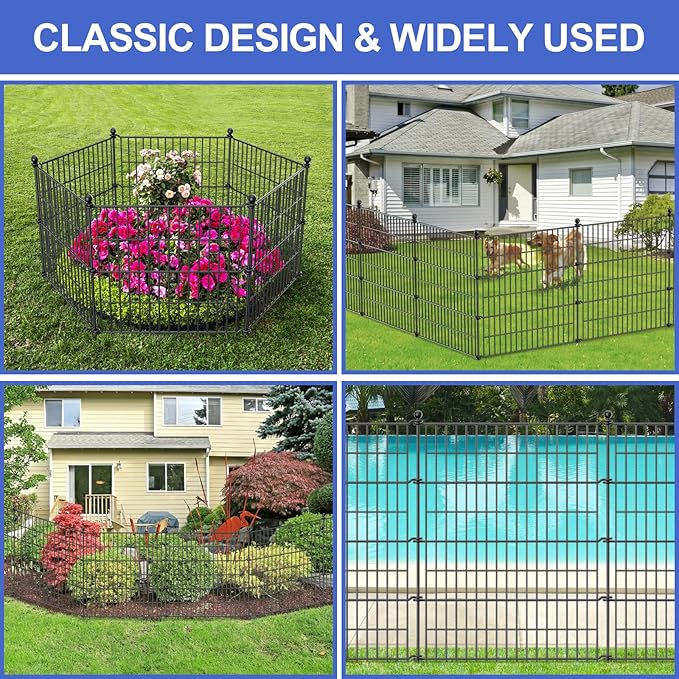 10 Panels No Dig Garden Fence Outdoor for Yard, 32 in(H) X 23.6 ft(L) Animal Barrier Pet Fencing Rustproof Decorative Metal Wire Panel Border for Dog, Rabbits, and Patio Temporary Ground Stakes