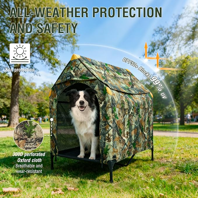 Privacy Outdoor Dog House & Elevated Bed 2-in-1, UPF50+ Sun Rain Protection, Breathable Camping Pet Tent with Cover, Portable for Indoor & Backyard Use（S）