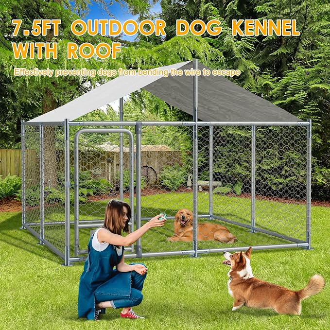 7.5×7.5×5.3 FT Outdoor Dog Kennel Enclosure w/Roof, Rotating Feeder | Large Heavy Duty Dog Run Playpen with 2 Stainless Bowls, Galvanized Pet House with Secure Lock, Waterproof Cover
