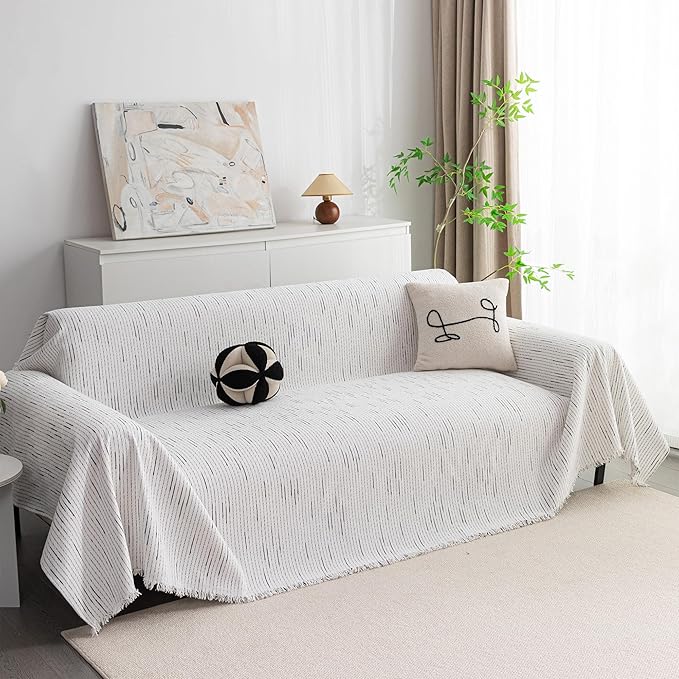 MYSKY HOME Loveseat Cover White Couch Cover Sectional Couch Covers for 2 Cushion Couch Sofa Thick Universal Chenille Sofa Cover with Tassel Durable Furniture Protector for Dogs 91" x 118"