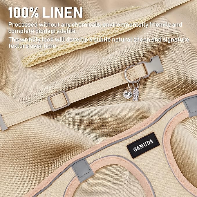 GAMUDA Small Pet Harness Collar and Leash Set, Step in No Chock No Pull Linen Fabric Soft Mesh Dog Vest Harnesses Reflective for Dogs Puppy Cats Kitten Rabbit (Khaki, S)