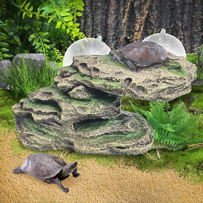 kathson Turtle Basking Platform Floating Turtle Dock Baby Tortoise Climbing Ramp Shale Reptiles Dock Resting Terrace Stone Aquarium Ornament for Frogs Newts (Green Size:8.2”Lx3.3”Wx3.1”H)