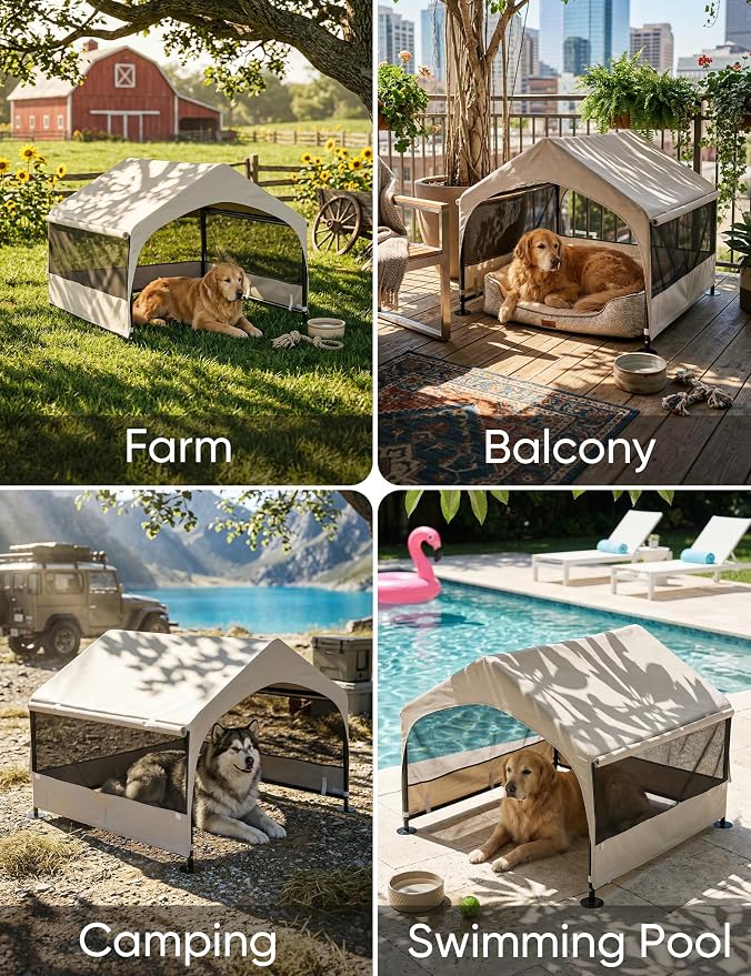 Dog House Outdoor, Extra Large Dog Tent Outside, Dog Shade Shelter with Three-Sided Breathable Mesh Windows, Sun Rain Cover for Pet, Dogs 48" D x 48" W x 39" H