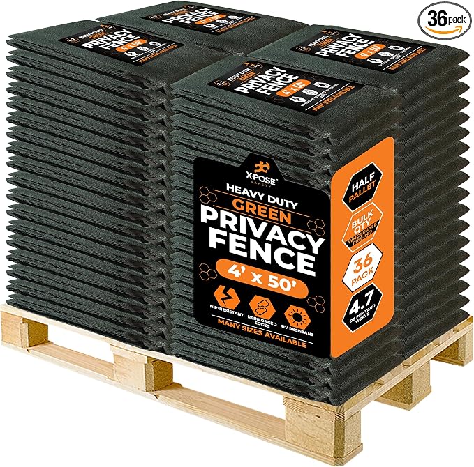 Xpose Safety Privacy Fence Screen 4’ x 50’ (36 Pack) – Bulk Half Pallet – Heavy Duty Green Mesh with 90% Visibility Block, UV Protection – for Garden, Yard, Nursery, Kennel, Dog Run, Greenhouse