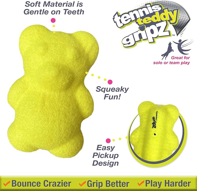 Nylabone Power Play Tennis Ball Teddy Bear Gripz Felt Rubber Fetch Toy, Squeaky Toys for Dogs, Medium (1 Count)